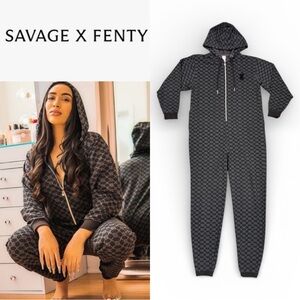 SAVAGE X FENTY FOREVER SAVAGE BLACK CAVIAR MONOGRAM PRINT HOODED ONESIE